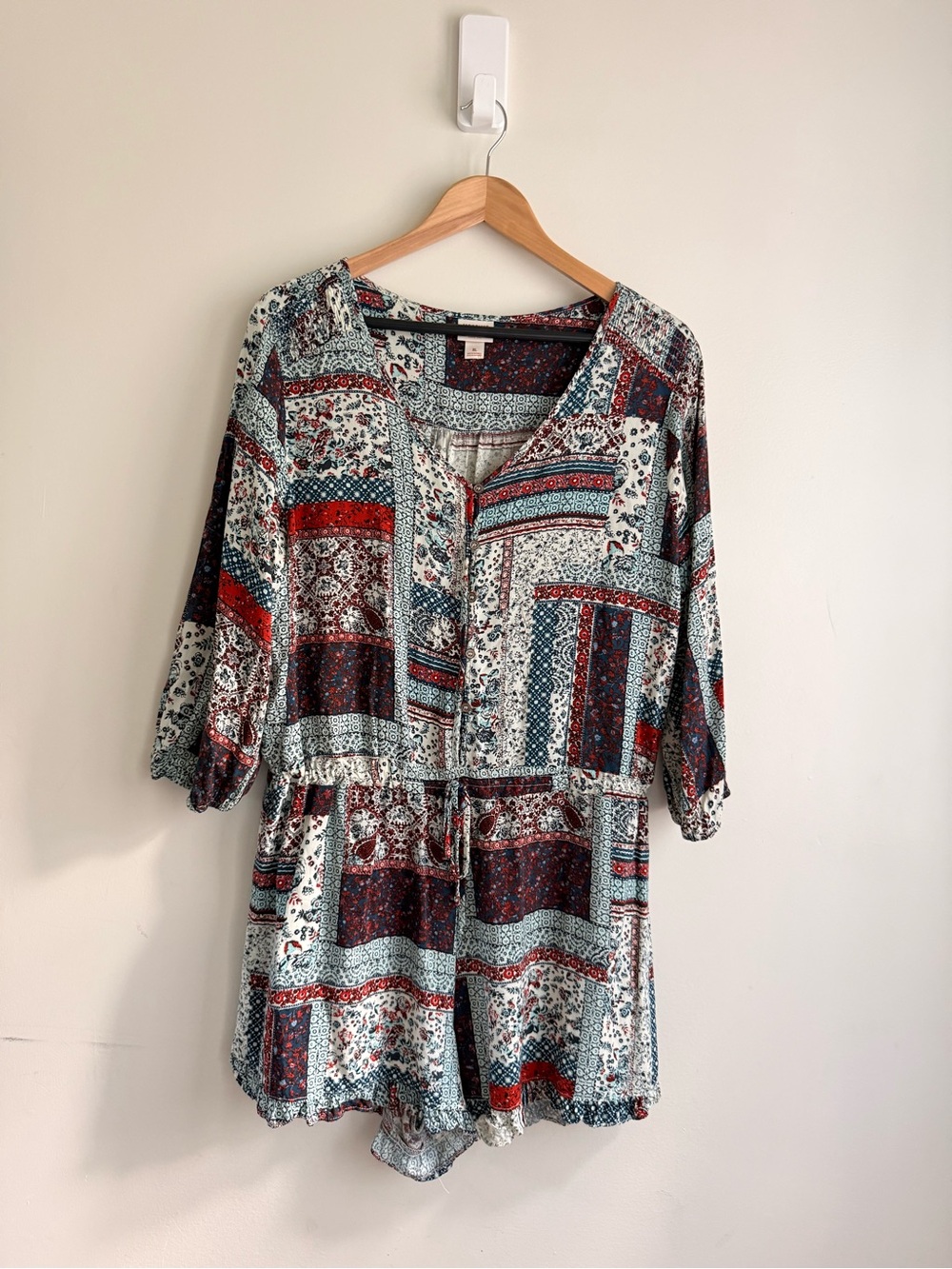Boho Patchwork Peasant Romper - Red, Blue & Ivory S